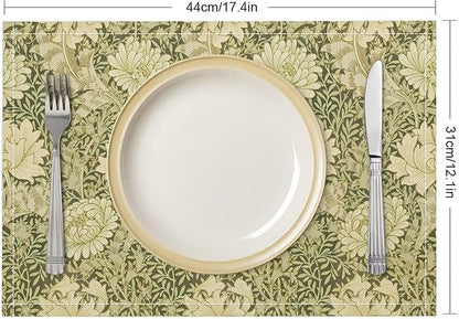Retro Flower Placemats William Morris Country Farmhouse Flowers Art Printed Dining Table Mats Set of 4 for Home Kitchen Holiday Picnic Party Decoration 12x18in