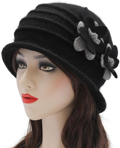 ZLYC Women Wool Cloche Bucket Hat 1920s Vintage Dress Winter Hats with Flower Accent