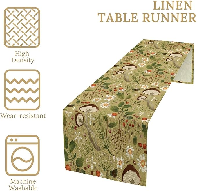 Vintage Mushroom Table Runner Rustic Garden Wildflower Botanical Plants Herbs Spring Summer Seasonal Dinner Runner for Kitchen Dining Cabin Home Holiday Party 13x120in