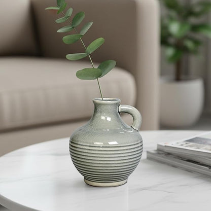 Sunddo Gray Ceramic Flower Vase， 6 Inch Small Modern Boho Vase for Home Decor, Decorative Vases with Handle, Neutral Accent for Minimalist, Table, Living Room, Bathroom, Shelf, Mantel Decor
