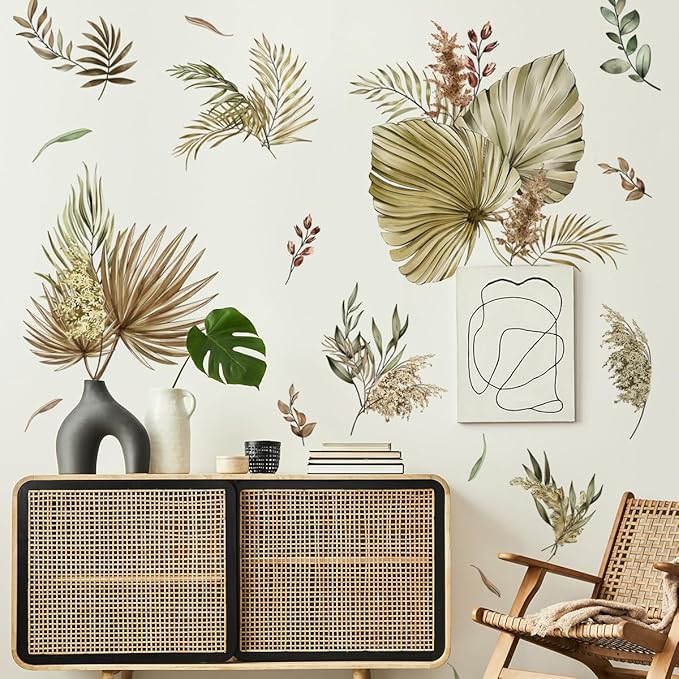 Large Boho Palm Leaves Wall Decals Fall Leaf Wall Stickers for Living Room Bedroom TV Background Wall Decor