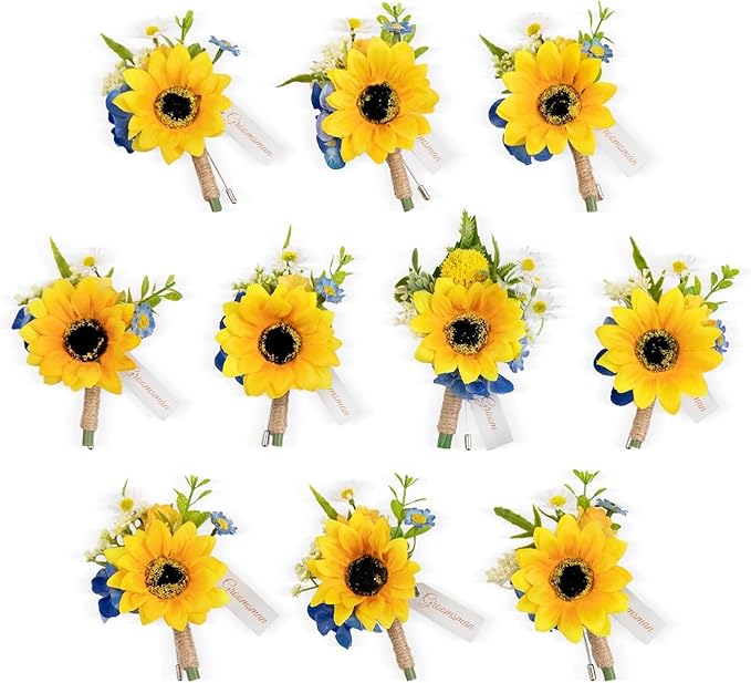TINGE TIME Boutonniere for Men Wedding,Groom and Best Man Boutonniere for Wedding Ceremony Anniversary, Formal Dinner Party and Rustic Summer Weddings Marriage (Sunflower&RoyalBlue)
