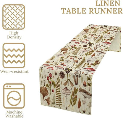 Vintage Mushroom Table Runner Rustic Botanical Plants Boho Wildflower Spring Summer Seasonal Dinner Runner for Farmhouse Kitchen Dining Table Decoration Cabin Home Holiday Party 13x60in