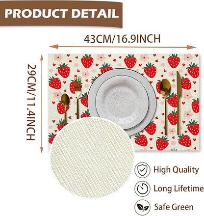 Red Cute Kids Fruit Strawberry Placemats Set of 4, Table Mats Place Mats for Kitchen Dining Table Decoration 16.9x11.4 Inch