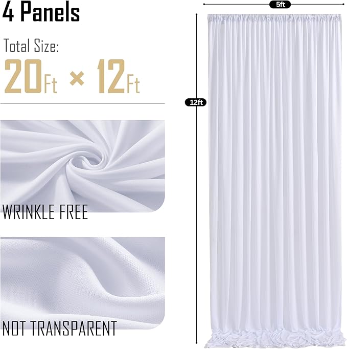 gogoparti 20x12 ft White Wrinkle-Free Backdrop Curtain for Weddings & Parties - 4 Panels (5x12 ft Each) for Birthday, Baby Shower, Halloween Photography Background