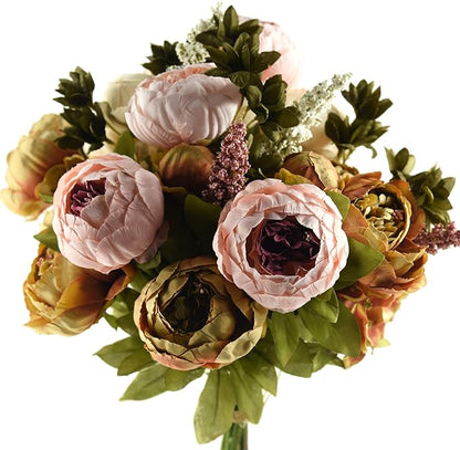 FiveSeasonStuff Vintage Artificial Peonies Silk Peony Flowers and Hydrangeas for Wedding Bridal Home Décor – Beautiful Floral Centerpiece Arrangement with 2 Bouquets (Mixed Pale Pink and Tawny Brown)