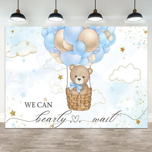 12x8ft Baby Shower Backdrop Bear Hot Air Balloon Photography Background Blue Brown Balloons White Cloud Glitter Gold Stars Birthday Party Banner Decorations Newborn Parties Photo Booth Prop