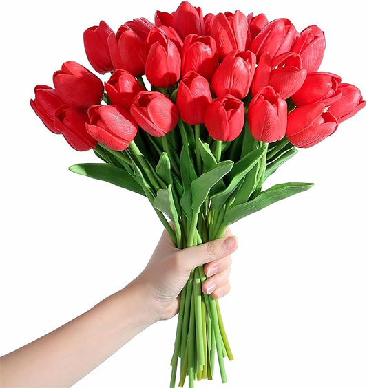 SITUMEIZI 15pcs Red Fake Tulips Artificial Flowers Real Touch Red 14" Silk Flower for Home Kitchen Decor Spring Easter Wedding Bouquet Decorations Office Valentine's Day Gifts