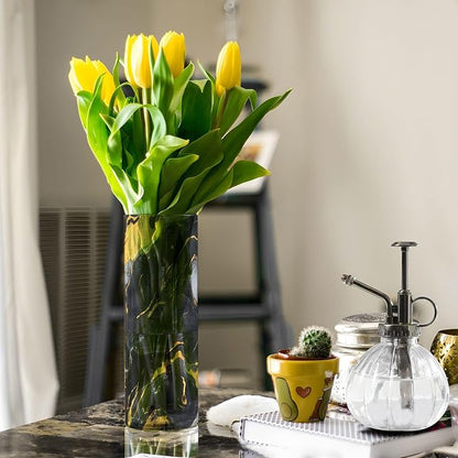 Flower Vase for Centerpieces, Marble Texture Black Gold Plastic Cylinder Vase, Clear Bud Vases for Home Wedding Office Table Decor