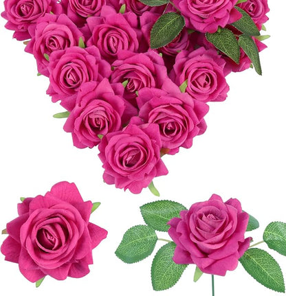 Hot Pink Roses 16pcs Velvet Artificial Roses with Stems Hot Pink Artificial Flowers 3.15" for Bridal Bouquet Wedding Flowers for Floral Centerpieces Home Party Decor (Hot Pink)