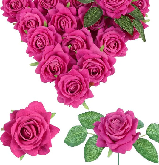 Hot Pink Roses 16pcs Velvet Artificial Roses with Stems Hot Pink Artificial Flowers 3.15" for Bridal Bouquet Wedding Flowers for Floral Centerpieces Home Party Decor (Hot Pink)