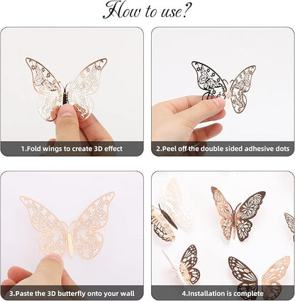 144 Pcs Rose Gold Butterfly Stickers 3D Butterflies Wall Decals Glitter 6 Styles and 3 Sizes Decorative Wall Stickers Butterfly Party Decorations, Butterflies for Cake Decorating