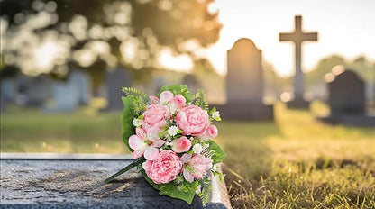 Hollyone Set of 2 Artificial Cemetery Flower for Graves Cemetery Memorial Flowers for Outdoor Grave Decorations Silk Flower Arrangements Pink Rose Peonies Lily Floral Flowers Bouquets