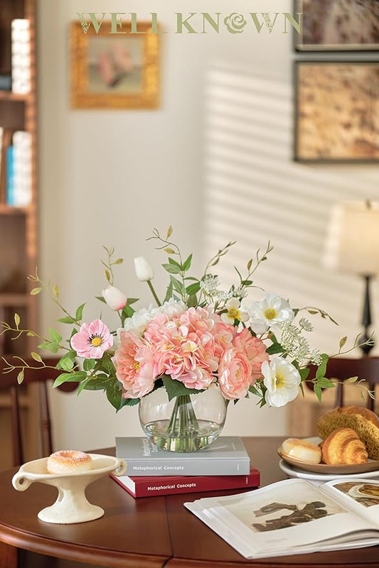 Artificial Flowers in Vase, WELL KNOWN Fake Silk Peony Tulip Hydrangea Pink & White Flower Bouquet Arrangement with Faux Water Centerpieces, Fake Flowers for Home Wedding Dining Table Party Decor Gift