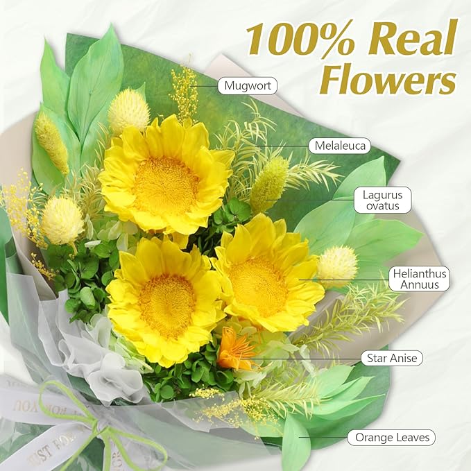 Casaido Preserved Flowers for Delivery, Sunflower Bouquet with Necklace, Forever Real Flowers Anniversary Birthday Gifts for Women Mom Wife Girlfriend, Eternal Flowers for Valentines Day Christmas