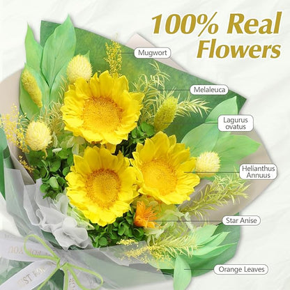 Casaido Preserved Flowers for Delivery, Sunflower Bouquet with Necklace, Forever Real Flowers Anniversary Birthday Gifts for Women Mom Wife Girlfriend, Eternal Flowers for Valentines Day Christmas