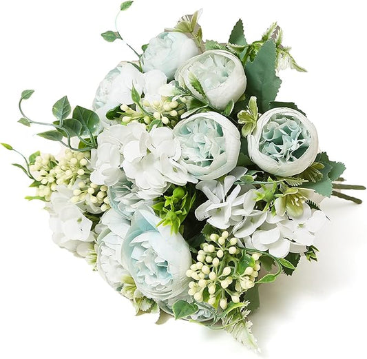 Artificial Flowers Fake Peony Silk Mini Plastic Bridal Flowers for DIY Wedding Bouquets Home Decorations 4 Packs(Light Blue)