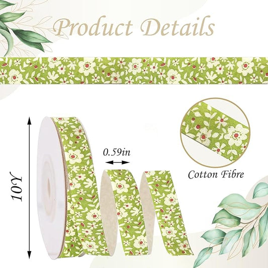 Green Floral Ribbon 5/8" x 10Yards Vintage Flower Ribbon for Bow Wreath Craft Gift Wrap, Floral Flowers Printed Cotton Ribbons for DIY Handmade Hair Bow Festival Wedding Home Party Decor