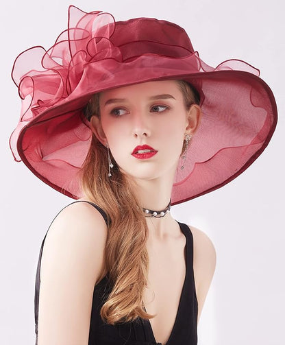 Organza Derby Hats for Women Wide Brim Fascinator Hat Rose Flower Wedding Tea Party Hat