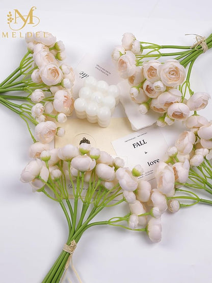 Meldel 32Pcs Ranunculus Artificial Flower, Faux Light Champagne Ranunculus Flowers for DIY Bouquet, Bulk Fake Peony Wedding Filler Flowers for Centerpieces Arrangements Bridal Shower Decorations