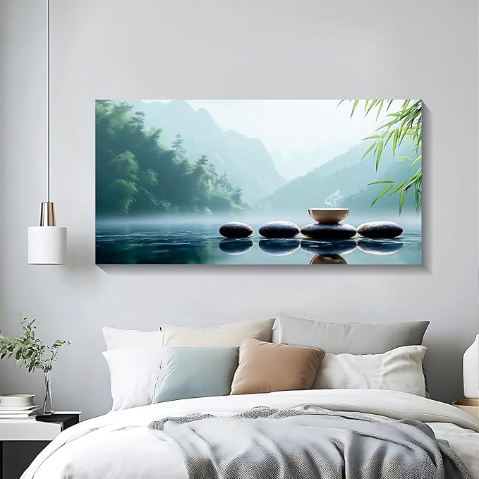 Iallbin Buddha Wall Art & Zen Wall Decor, White Lotus on Water Canvas Painting - for Yoga Meditation Room, Spa & Bathroom,Iallbin Zen Stone Wall Art & Zen Wall Decor, Blending the essence of landscape artistry - for Yoga Meditation Room, Spa & Bathroom...