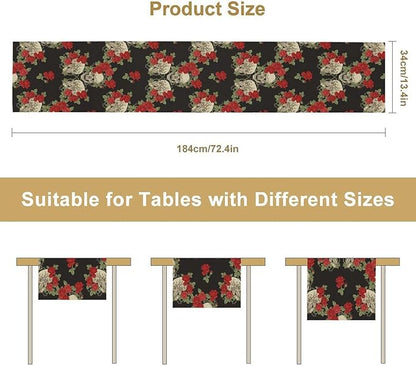 Gothic Table Runner,Red Rose Skull Print Table Runner for Home Kitchen Table Dining Garden Farmhouse Wedding Party Decor 13x120 Inch