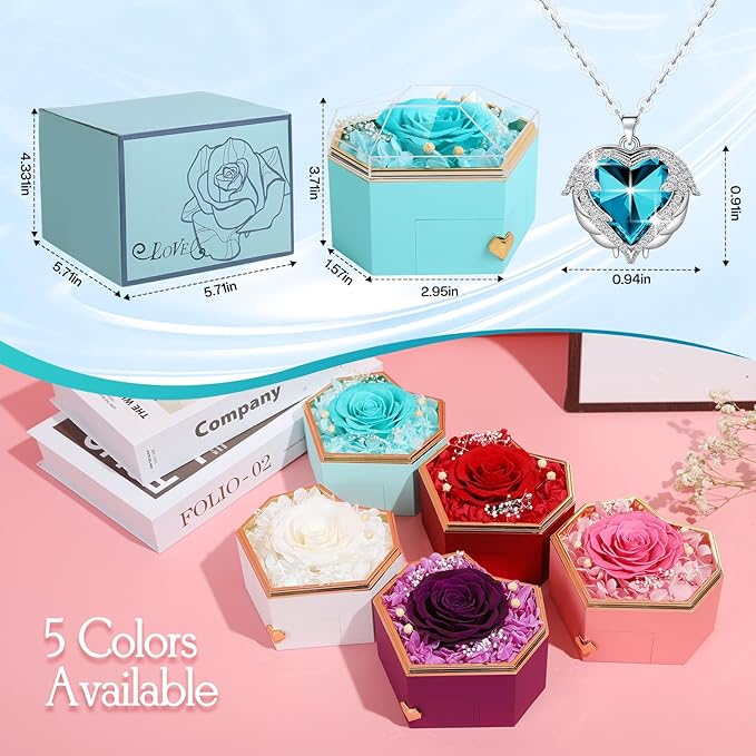 Preserved Cyan Real Rose with Necklace Forever Flowers Diamond shaped Box for Mom Wife Girlfriend Grandma on Mothers Day Birthday Valentines Christmas Anniversary Beatiful Gifts for women