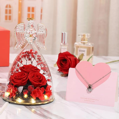 ANWEAO Gifts for Women Birthday Christmas Preserved Rose Forever Flower in Glass Angel Figurines Fresh Flowers for Delivery for Mom Real Colorful Roses for Grandma Wife Her from Daughter