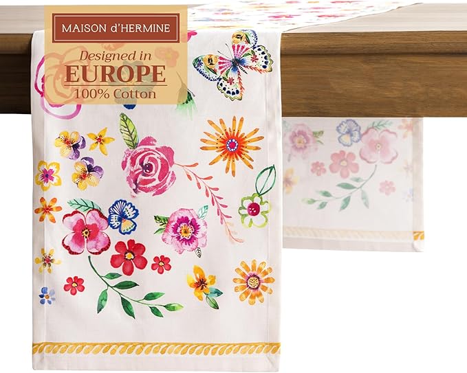 Maison d' Hermine Table runner 100% Cotton Single Layer Table Runners 72 inches long Decorative for Home Kitchen Dining Party Wedding Bridal Shower Spring Summer (Happy Florals - Sweety, 14.50" x 72")