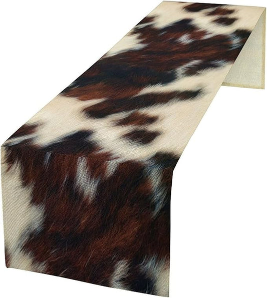 Cow Skin Print Table Runner, Vintage Cottage Country Animal Fur Skin Pattern Western Style Farmhouse Black Brown Cowhide Print Dinner Runner Home Kitchen Dining Table 13x60in