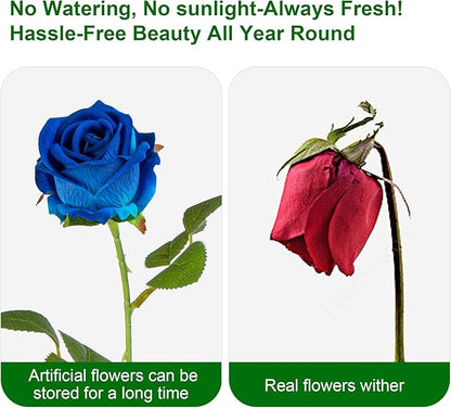 Fake Plants Roses Flowers Plastic Flowers Spring Decorations for Home Gifts for Gf Roses Artificial Flowers for Vase Fake Flowers Home Decor Fake Plant 19.6"(50PCS Blue)