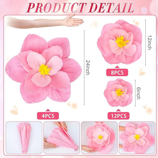 Giant Paper Flowers Artificial Large Paper Flower Decoration for Handcrafted Wall Backdrop Christmas Mexican Wedding Graduation Bridal Shower Birthday Party Supplies(Gradient Pink,24 Pcs)