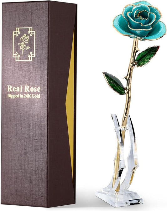 24K Gold Dipped Real Rose – Handcrafted, One of a Kind Gift – Timeless Romantic Present for Birthday, Valentine’s, Mother’s Day, Anniversary (Turquoise Blue)