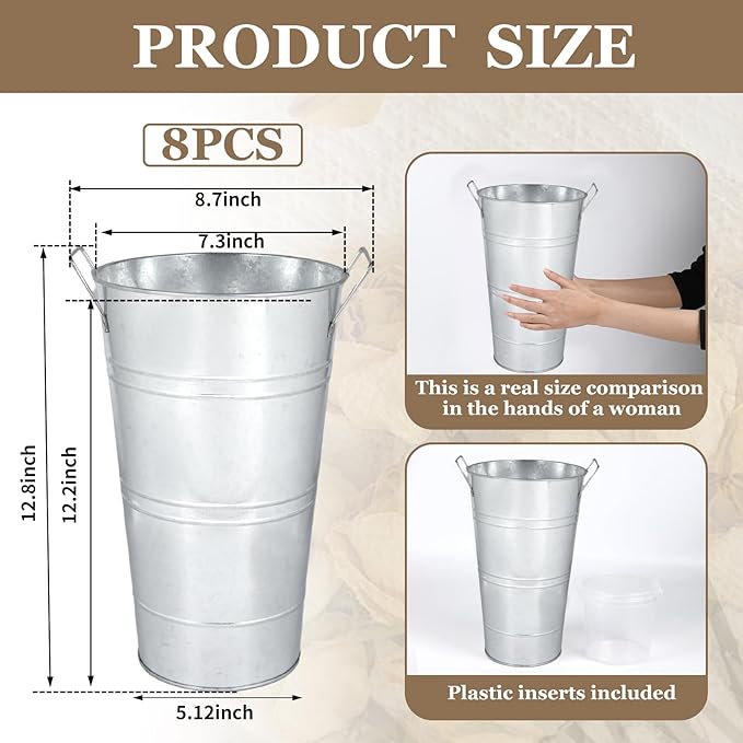 8pcs 12.8inch Flower Buckets for Flower Bar Supplies, Silver Vases for Centerpieces, Galvanized Bucket, Metal Bucket, Rustic Vases for Flowers, Tin Vase (Silver, 12.8inch Height, Set of 8)