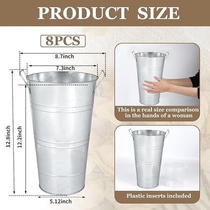 8pcs 12.8inch Flower Buckets for Flower Bar Supplies, Silver Vases for Centerpieces, Galvanized Bucket, Metal Bucket, Rustic Vases for Flowers, Tin Vase (Silver, 12.8inch Height, Set of 8)