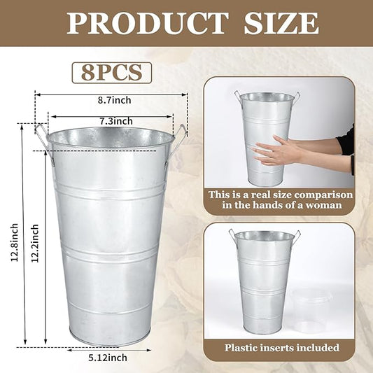 8pcs 12.8inch Flower Buckets for Flower Bar Supplies, Silver Vases for Centerpieces, Galvanized Bucket, Metal Bucket, Rustic Vases for Flowers, Tin Vase (Silver, 12.8inch Height, Set of 8)
