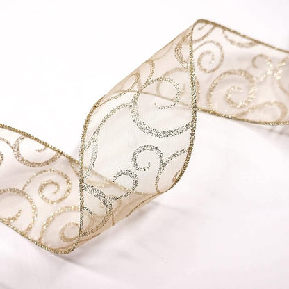 CT CRAFT LLC Organza with Champagne Gold Glitter Swirls Wired Ribbon 2.5 inch x 50 Yards for Christmas Home Decor Tree Topper Bow Gift Wrapping DIY Crafts Wreath Garland Wedding