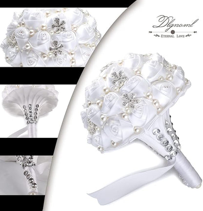 Handmade Wedding Flowers Bridal Bouquets Crystal Bride Holding Bouquet White Ivory Satin Roses with Diamond Pearl Ribbon.(allwhite)