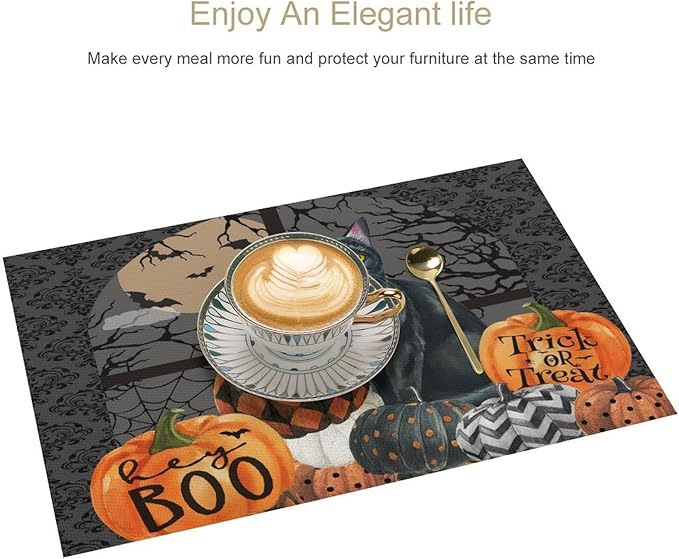 Boo Black Cat Pumpkins Halloween Placemats Gothic Dark Damask Bat Spider Web Dark Forest Funny Pumpkin Placemats Table Kitchen Dining Party 12x18 Inch Set of 6