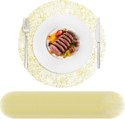 Hysenm 50 Pcs Disposable Gold Placemats Set Metallic 13 Inch Round Table Doilies, Ultra-Thin Messy Lines Disposable Placement Mats for Home Decoration Dining Table Wedding Birthday Party