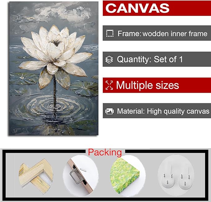 Stunning white lotus emerges from prismatic water with delicate petals background Serene aquatic wall art suitable for modern minimalist decor 20x30in Wood Framed