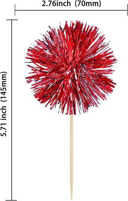 Gyufise 30Pcs Foil Firework Cupcake Toppers Sparkle Tinsel Cake Toppers Tinsel Drink Cake Decoration Cocktail Picks for Birthday Wedding Graduation Party Supplies Dark Red