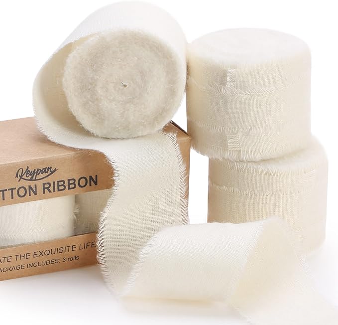 Ivory Ribbon 1-1/2 x 15 Yards Handmade Cotton Frayed Fringe Fabric Ribbons for Crafts Flower Bouquets Wedding Baby Shower Home DIY Decor