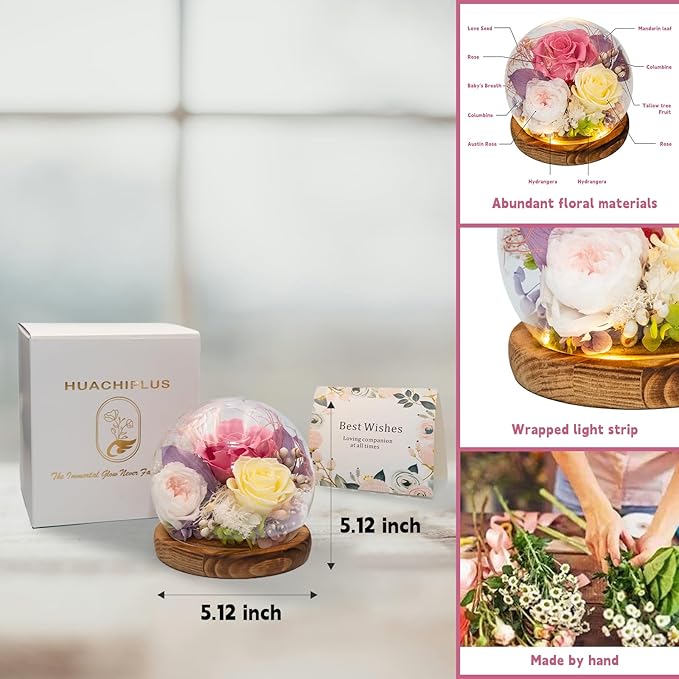 Eternal Flowers for Decoration: Preserved Flowers in Glass Dome, Unique Forever Flower Gift for Her BBF – Perfect flower arrangement for Home Décor - Flowers for Delivery Prime (Red)