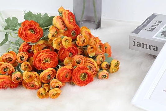 5PCS Ranunculus Artificial Flowers 60Heads Orange Faux Peonies with Stem Real Touch 21.65" Silk Ranunculus Fake Flowers for DIY Craft Wedding Floral Arrangements Home Table Decor(Orange)