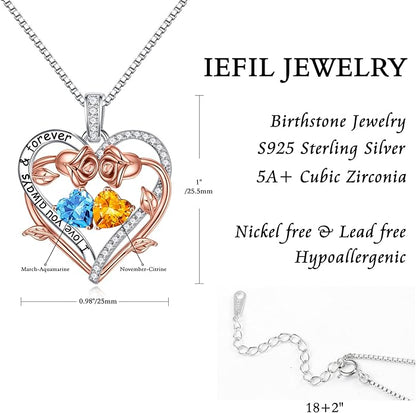 Iefil Rose Heart Double Birthstone Necklace Gifts for Wife Her Mom Women, Birthstone Jewelry Gemstone Birthday Gifts for Girlfriend Grandma Her Wife Women
