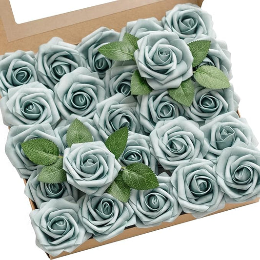 Ling's moment Artificial Flowers 25Pcs Dusty Blue Roses Decor w/Stems,3" Real Touch DIY Foam Floral for Wedding Bouquet/Centerpieces, Outdoors Party Backdrop, Room/Table, and Garden/Pot Decorations