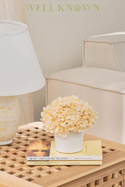 Hydrangea Fake Flowers in Vase, Artificial Flowers with Ceramic Vase Small Faux Potted Floral Arrangement for Bathroom Home Desk Kitchen Counter Vanity Shelf Coffee Table Centerpiece Decor (Champagne)