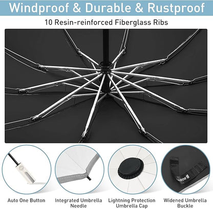Bodyguard Inverted Umbrella - Large Windproof for Rain & Sun, Compact Reverse With Reflective Stripe, Teflon-Coated for Women Men, Travel Folding With Cover Bag