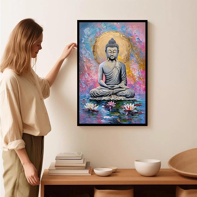Lotus and golden Buddha meditation tranquil zen wall art mindfulness wall art for spiritual harmony and tranquility decor 16x24in Metal blackFramed